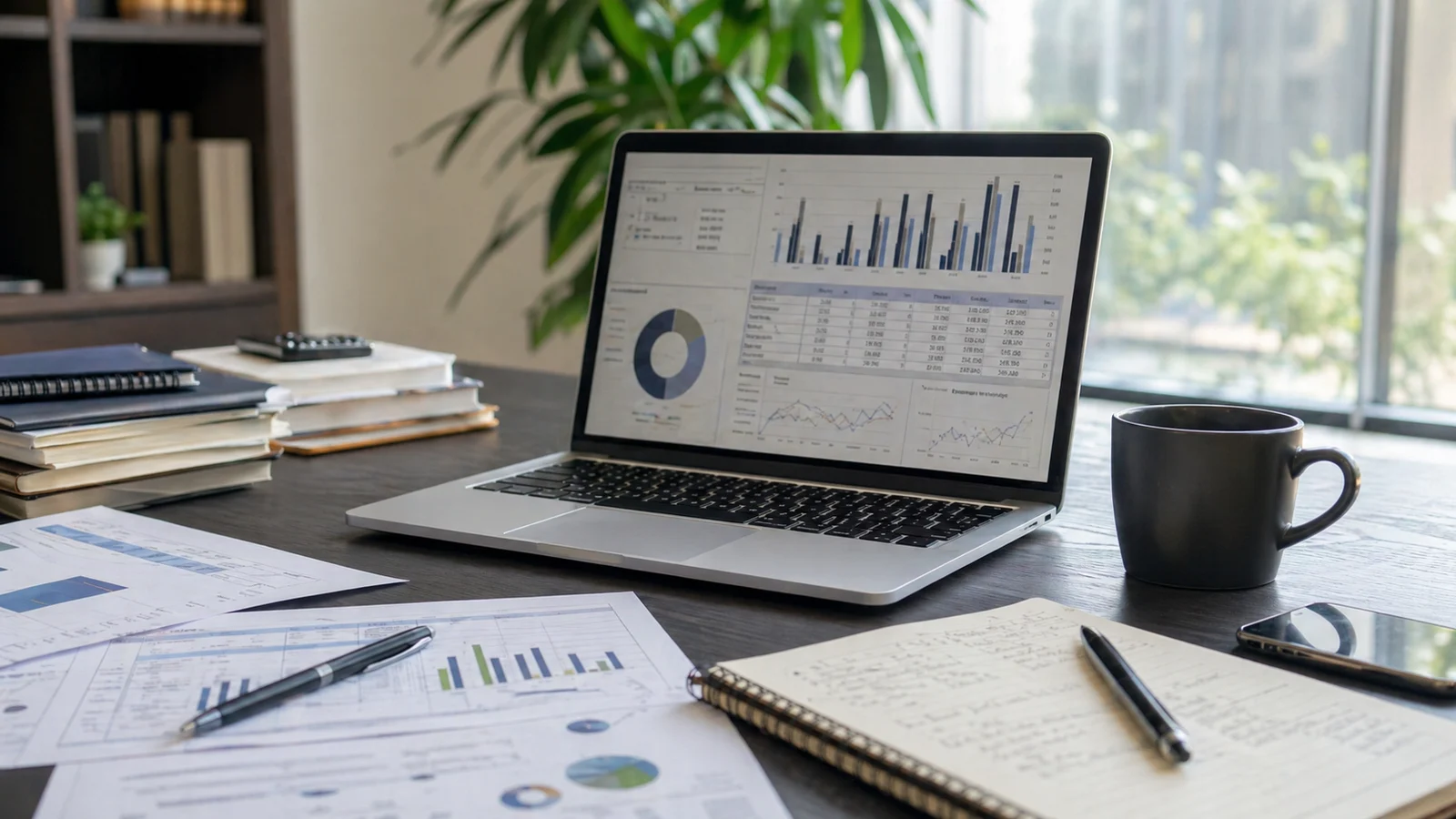 経営資料とノートを広げて課題を整理する机上の風景